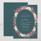 ティール+モーヴのリースの結婚式 招待状 (正面/裏面)