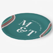 ティール |レトロ70ストライプ年代 |の結婚モノグラム ペーパープレート (アングル)