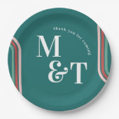 ティール |レトロ70ストライプ年代 |の結婚モノグラム ペーパープレート (正面)