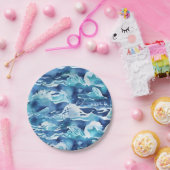ティール+水彩画+アクアブルーの海の波 ペーパープレート (パーティー)