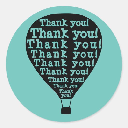 ティール（緑がかった色）ありがとうワードアートホットエアバルーン ラウンドシール (正面)