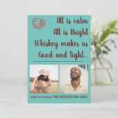 ティール(緑がかった色)おもしろいウイスキーのクリスマスフォトコラージュ シーズンカード (スタンド正面)