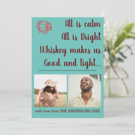 ティール（緑がかった色）おもしろいウイスキーのクリスマスフォトコラージュ シーズンカード (スタンド正面)