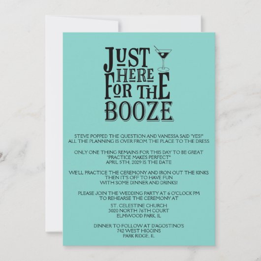 ティール（緑がかった色）おもしろい結婚リハーサルディナー招待状 招待状 (正面)