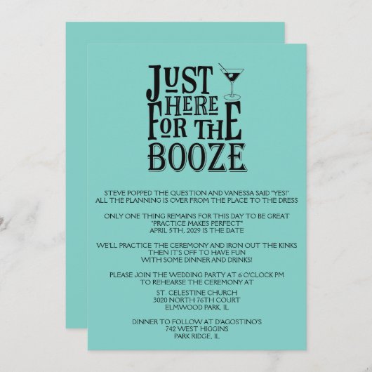 ティール（緑がかった色）おもしろい結婚リハーサルディナー招待状 招待状 (正面/裏面)