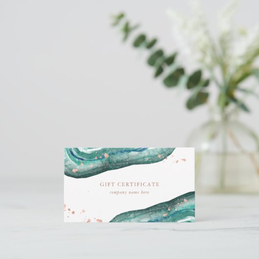 ティール(緑がかった色)およびばら色の金ゴールドのGeode |のギフト券 割引カード (スタンド正面)