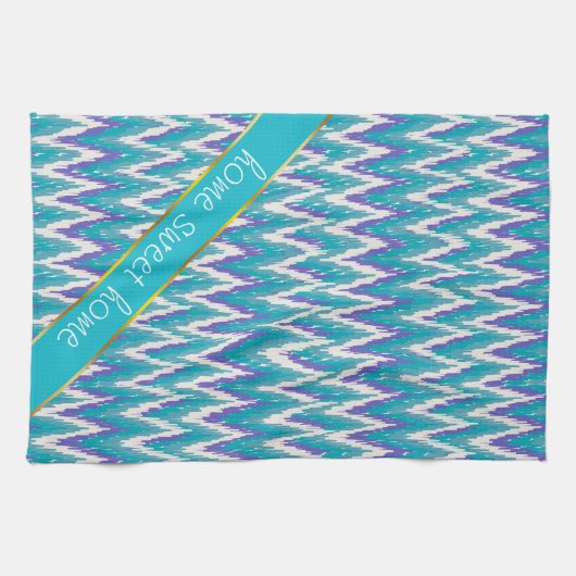 ティール(緑がかった色)およびアメジストイカットジグザグパターン キッチンタオル (横)