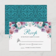 ティール（緑がかった色）およびアーカイブフローラRSVPエンクロージャカード