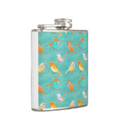 ティール(緑がかった色)およびオレンジカラフルな鳥パターンターコイズ フラスク (右)