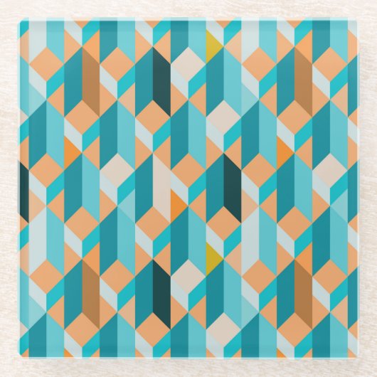 ティール(緑がかった色)およびオレンジ形パターン ガラスコースター (正面)