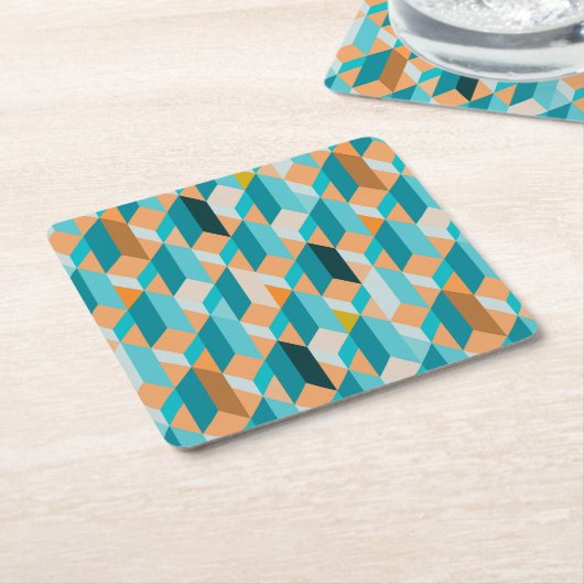 ティール(緑がかった色)およびオレンジ形パターン スクエアペーパーコースター (アングル)