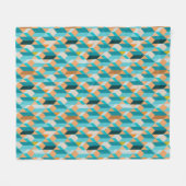 ティール(緑がかった色)およびオレンジ形パターン フリースブランケット (正面(横))