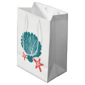 ティール(緑がかった色)およびオレンジ海の貝および星の魚 ミディアムペーパーバッグ (裏面アングル)