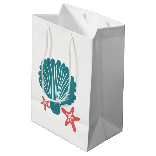 ティール（緑がかった色）およびオレンジ海の貝および星の魚 ミディアムペーパーバッグ (裏面アングル)