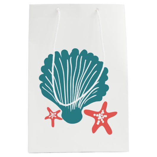 ティール（緑がかった色）およびオレンジ海の貝および星の魚 ミディアムペーパーバッグ (正面)