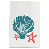 ティール(緑がかった色)およびオレンジ海の貝および星の魚 ミディアムペーパーバッグ (裏面)