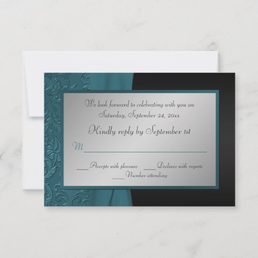 ティール（緑がかった色）およびダマスク織のキンセアニェラ黒いRSVPカード 招待状 (裏面)