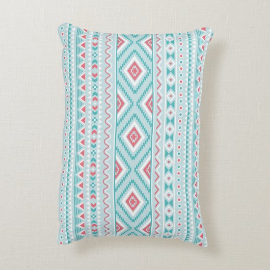 ティール(緑がかった色)およびピンクのアステカな種族パターン アクセントクッション (裏面(縦))