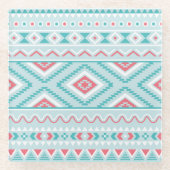 ティール（緑がかった色）およびピンクのアステカな種族パターン ガラスコースター (正面)