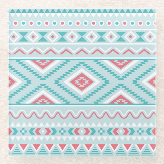 ティール(緑がかった色)およびピンクのアステカな種族パターン ガラスコースター (正面)
