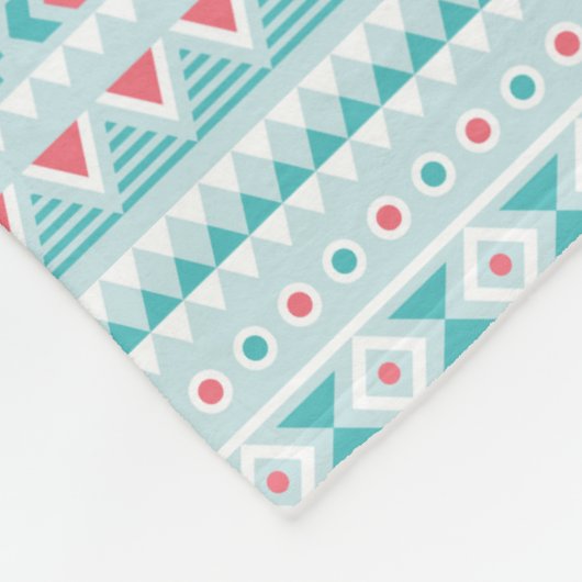 ティール（緑がかった色）およびピンクのアステカな種族パターン フリースブランケット (角)