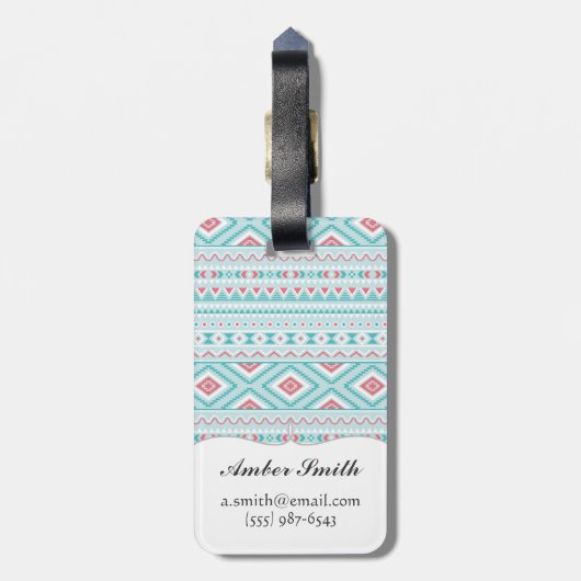 ティール(緑がかった色)およびピンクのアステカな種族パターン ラゲッジタグ (裏面縦)