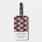 ティール(緑がかった色)およびピンクの三角形パターン ラゲッジタグ (裏面縦)