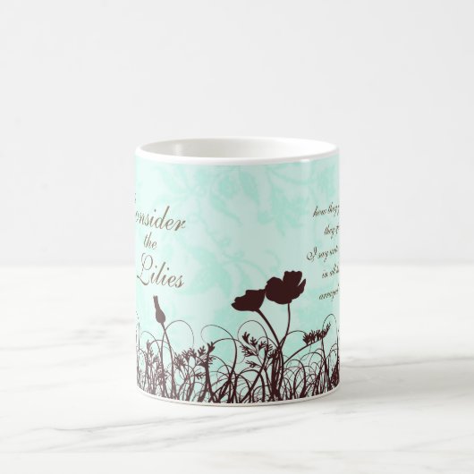 ティール(緑がかった色)およびブラウンはユリをキリスト教の引用文と考慮します コーヒーマグカップ (中央)