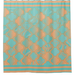 ティール（緑がかった色）およびモモのクローバーパターン シャワーカーテン