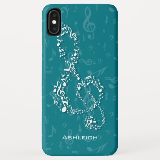 ティール（緑がかった色）および白いト音記号音楽ノート Case-Mate iPhoneケース (裏面)