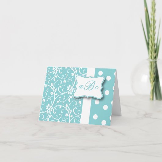 ティール（緑がかった色）および白いモノグラムカード ノートカード (正面)