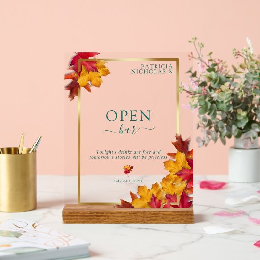 ティール（緑がかった色）および秋ファンタジー素朴金ゴールドのオ結婚ープンバー アクリルサイン