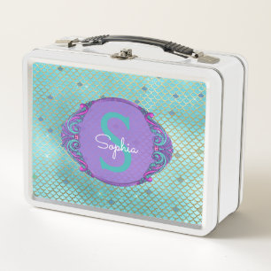 ティール（緑がかった色）および紫色の人魚のスケールのモノグラムの学校 メタルランチボックス