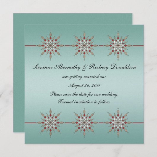 ティール(緑がかった色)および赤いオーナメントは日付を救います セーブザデート (正面/裏面)