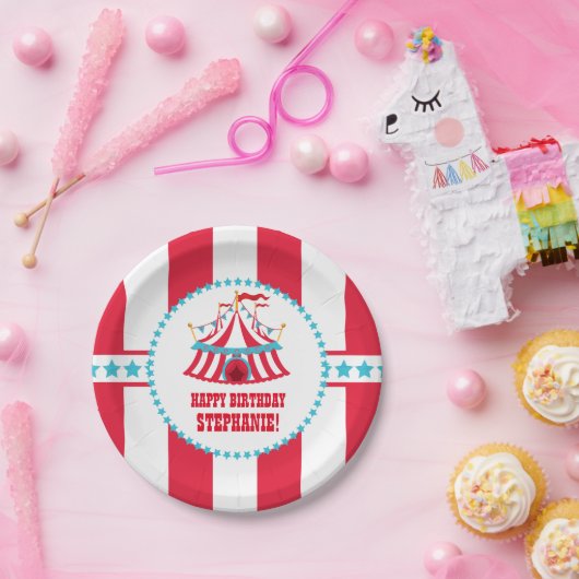 ティール（緑がかった色）および赤いサーカスのテントの誕生日のプレート ペーパープレート (パーティー)
