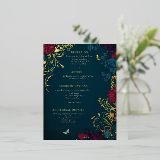 ティール（緑がかった色）および赤ジュエルトーンフローラフォイルエンクロージャカード 箔シーズンポストカード (立ち正面)