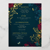 ティール（緑がかった色）および赤ジュエルトーンフローラフォイルエンクロージャカード 箔シーズンポストカード (正面)