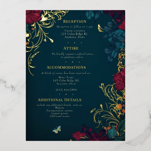 ティール（緑がかった色）および赤ジュエルトーンフローラフォイルエンクロージャカード 箔シーズンポストカード (正面)