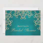 ティール(緑がかった色)および金ゴールドのインディアンの刺激を受けたなブライダルシャワー 招待状 (裏面)
