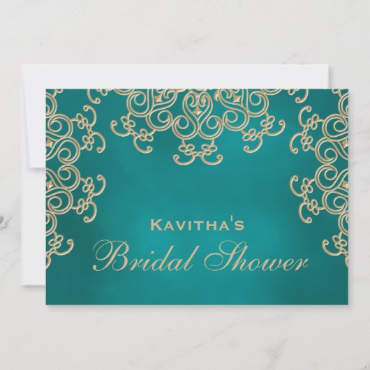 ティール（緑がかった色）および金ゴールドのインディアンの刺激を受けたなブライダルシャワー 招待状 (裏面)