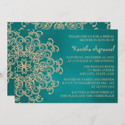 ティール（緑がかった色）および金ゴールドのインディアンの刺激を受けたなブライダルシャワー 招待状 (正面/裏面)
