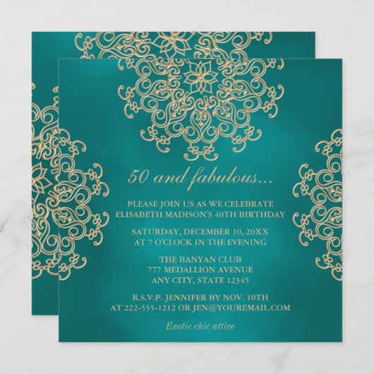 ティール(緑がかった色)および金ゴールドのインディアンの刺激を受けたな誕生日 招待状 (正面/裏面)