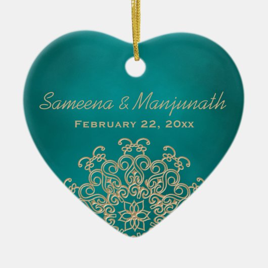 ティール（緑がかった色）および金ゴールドのインドのスタイルの結婚披露宴の好意 セラミックオーナメント (正面)
