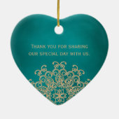 ティール（緑がかった色）および金ゴールドのインドのスタイルの結婚披露宴の好意 セラミックオーナメント (裏面)