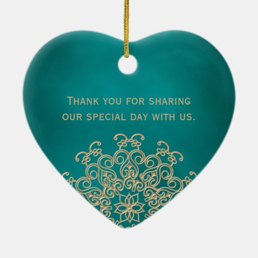 ティール（緑がかった色）および金ゴールドのインドのスタイルの結婚披露宴の好意 セラミックオーナメント (裏面)