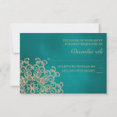 ティール(緑がかった色)および金ゴールドのインドの応答RSVPカード 出欠カード (裏面)