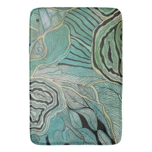 ティール(緑がかった色)および金ゴールドのバス・マットの黒によって落書きされる葉 バスマット (正面縦)