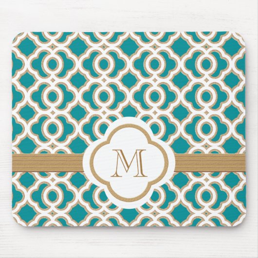 ティール(緑がかった色)および金ゴールドのモロッコのモノグラムの マウスパッド (正面)