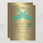 ティール(緑がかった色)および金ゴールドの孔雀の結婚式招待状 招待状 (正面/裏面)