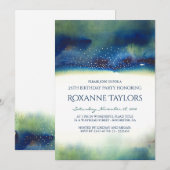 ティール（緑がかった色）および金ゴールドの水彩画のモダンな誕生会 招待状 (正面/裏面)